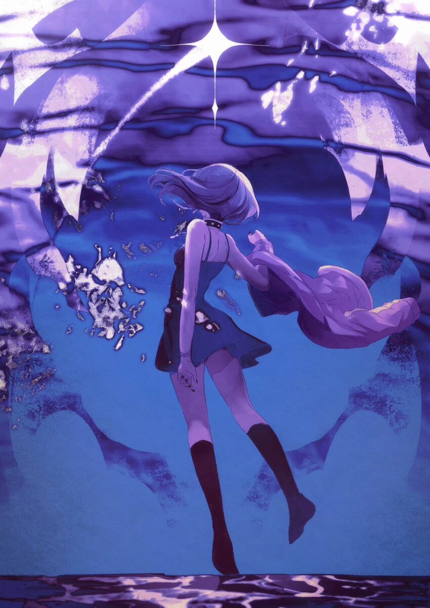 1girl, bare_shoulders, black_dress, black_footwear, black_hair, blue_background, bobo_(keylocker), bracelet, breasts, collar, commentary, dress, floating, from_behind, highres, jacket, jewelry, keylocker, medium_breasts, medium_hair, pale_skin, solo, star_(symbol), studded_collar, tara3763, unworn_jacket