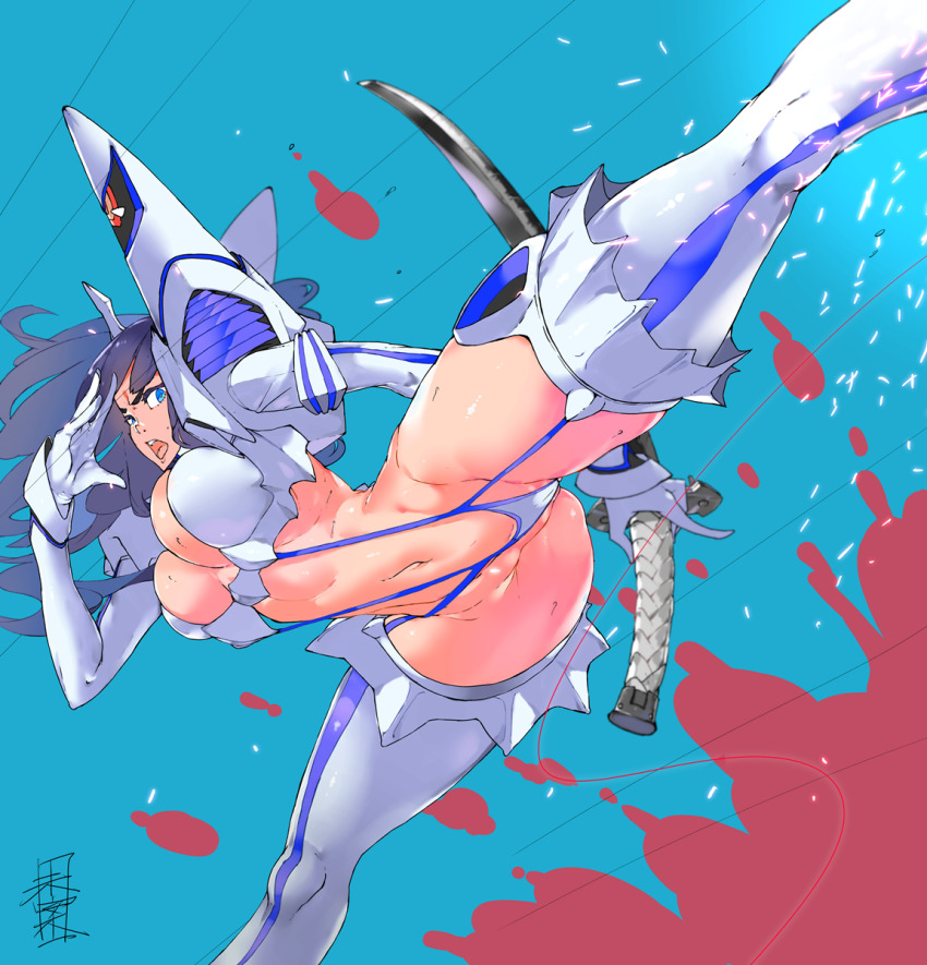 1girl, ass, attack, bakuzan, black_hair, blood, blood_splatter, blue_eyes