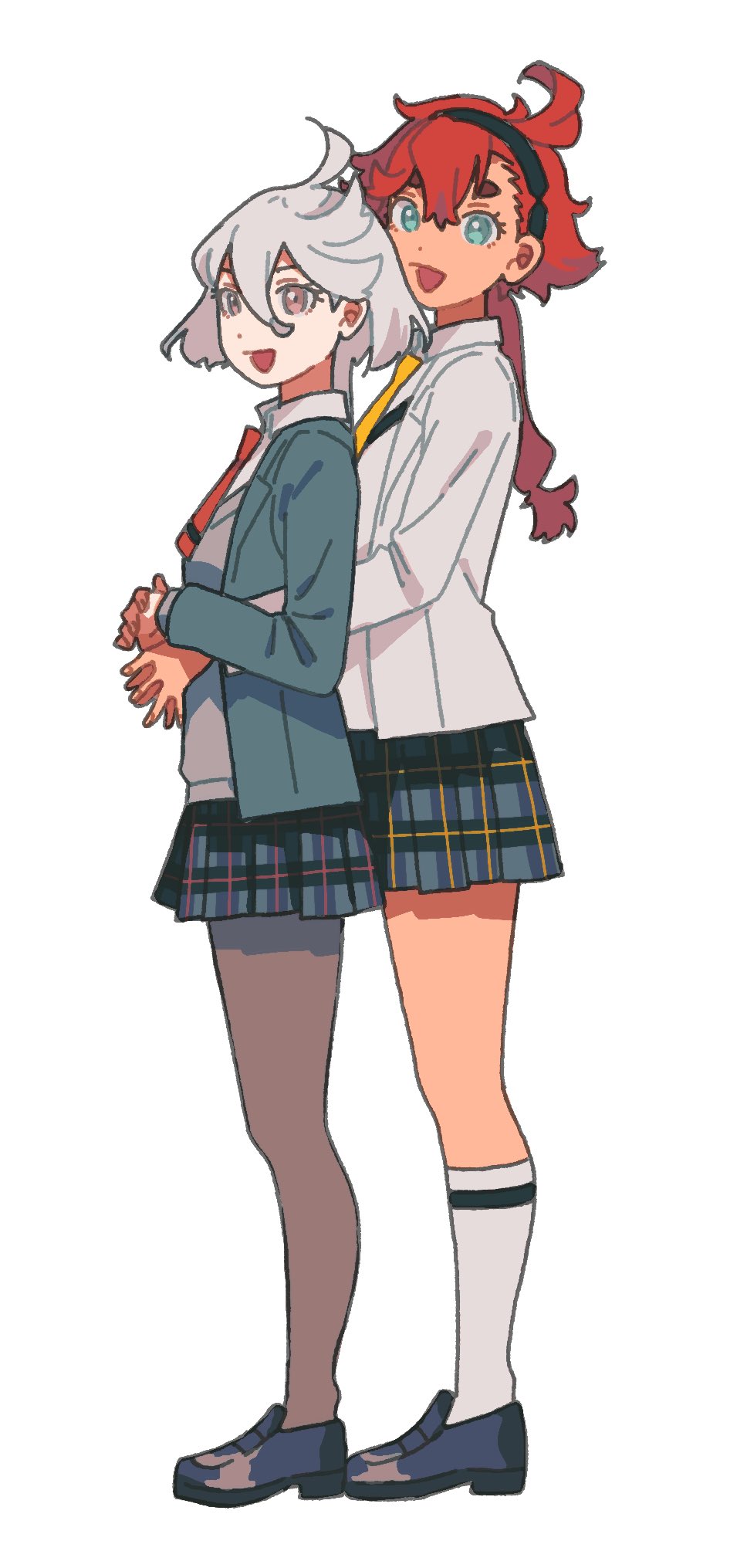 2girls, blazer, contemporary, dou_(mame_eee), full_body, green_eyes, gundam, gundam_suisei_no_majo