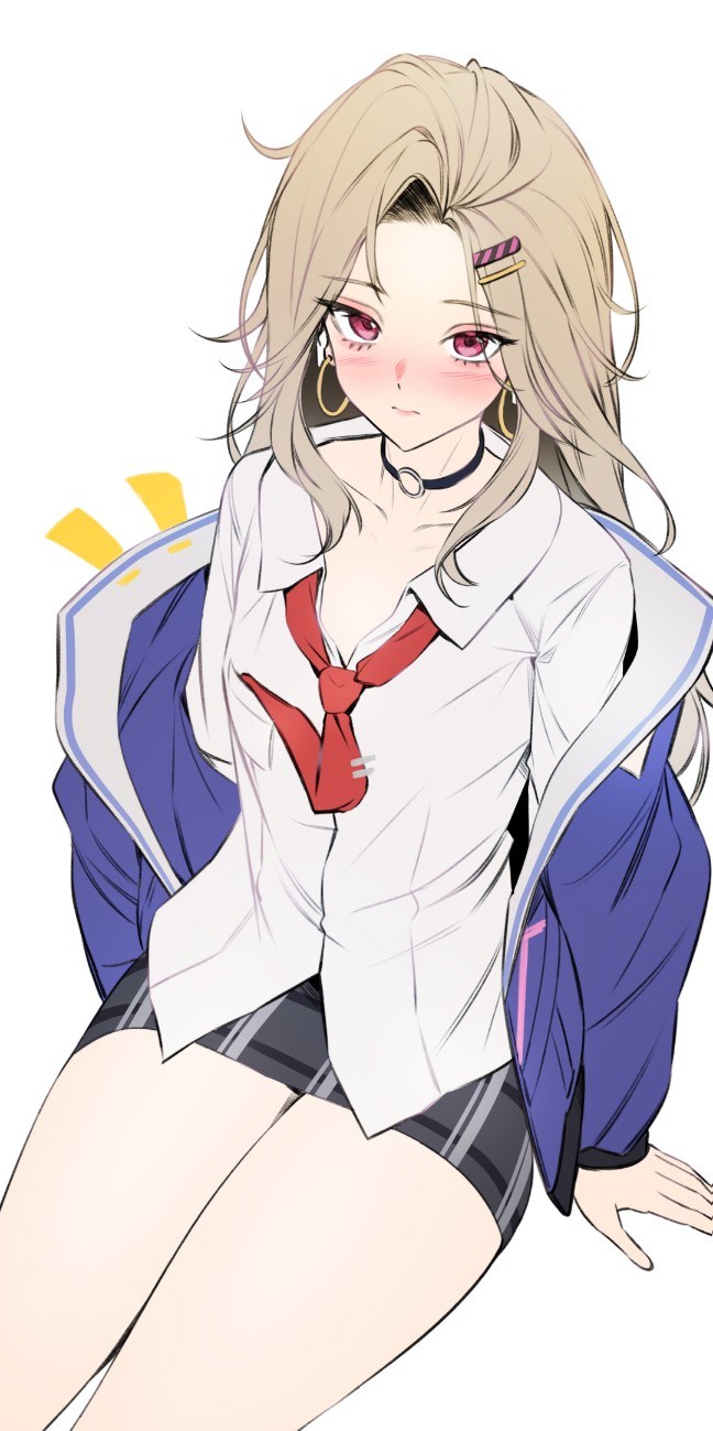 1girl, black_choker, black_skirt, blue_jacket, blush, breasts, brown_hair, choker, closed_mouth, commentary, curtained_hair, dress_shirt, earrings, ein_(nikke), eyelashes, feet_out_of_frame, from_above, goddess_of_victory:_nikke, hair_ornament, hairclip, highres, hoop_earrings, jacket, jewelry, long_hair, looking_at_viewer, miniskirt, necktie, necktie_in_pocket, o-ring, o-ring_choker, off_shoulder, open_clothes, open_jacket, papero, parted_bangs, pencil_skirt, plaid_clothes, plaid_skirt, purple_eyes, red_necktie, school_uniform, shirt, simple_background, sitting, skirt, small_breasts, solo, tie_clip, white_background, white_shirt