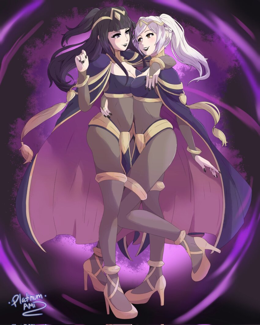 2girls, arm_wrap, artist_name, black_hair, black_lips, black_nails, bodystocking, braid, breasts, bridal_gauntlets, brown_eyes, cape, cleavage, cosplay, female_robin_(fire_emblem), fire_emblem, fire_emblem_awakening, high_heels, highres, implied_yuri, lipstick, long_hair, looking_at_viewer, makeup, medium_breasts, multiple_girls, nail_polish, nintendo, pelvic_curtain, platinum_ami, purple_background, purple_cape, purple_eyes, smile, tharja_(fire_emblem), tharja_(fire_emblem)_(cosplay), twintails, two_side_up, white_hair