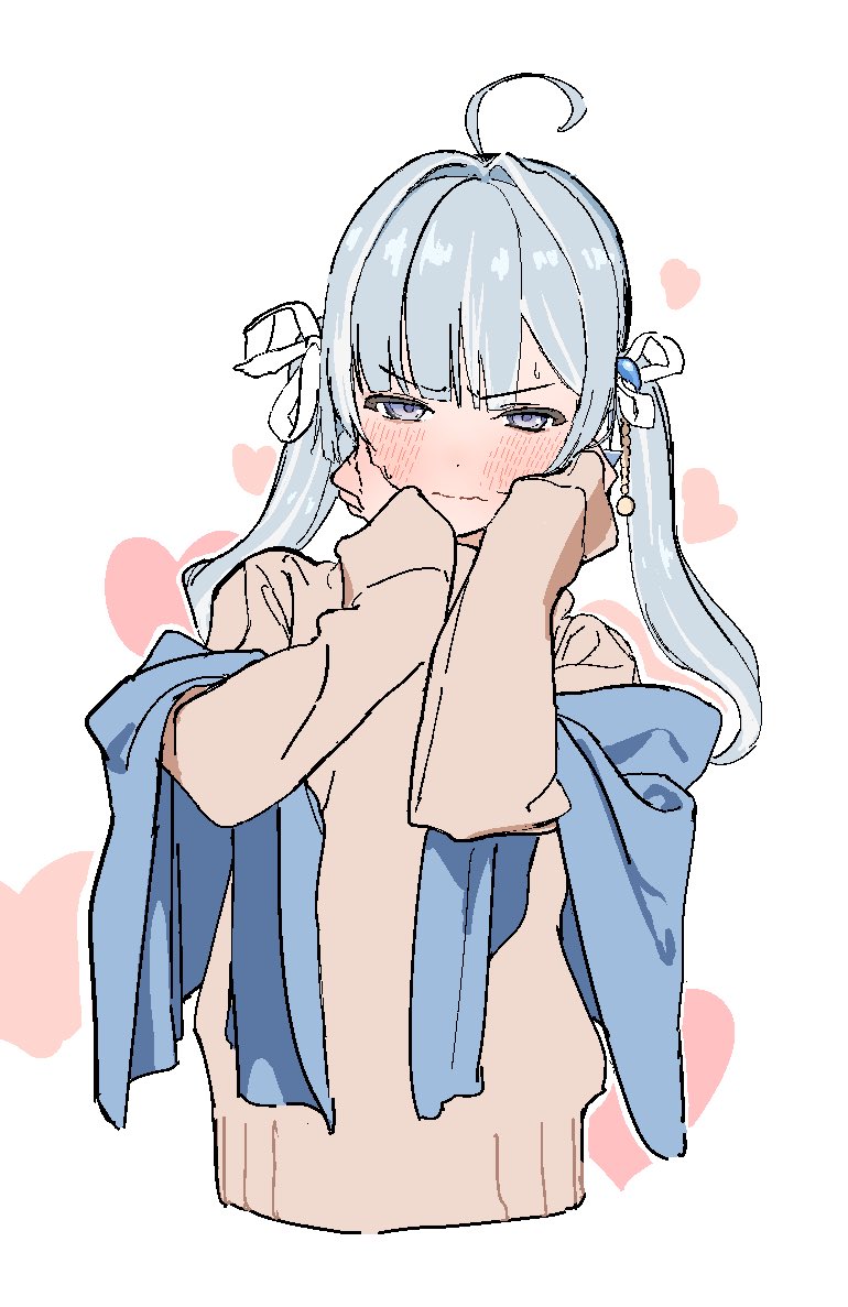 1girl, ahoge, alternate_costume, amaui, blue_eyes, blue_hair, blunt_bangs, blush