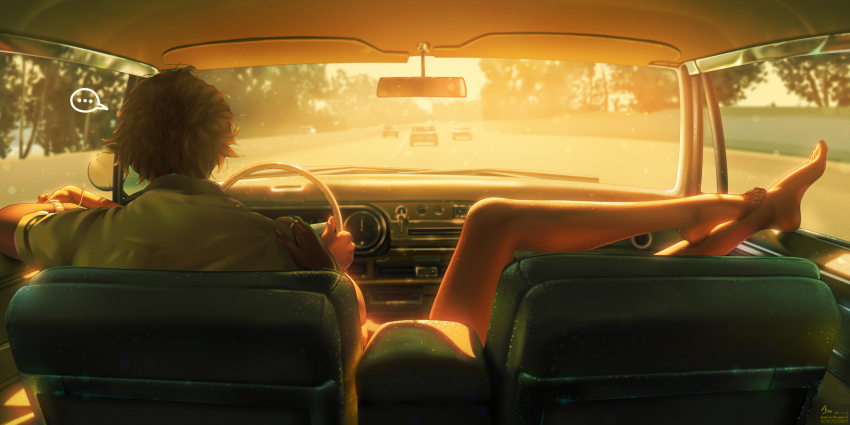 1boy, 1girl, a.x., absurdres, barefoot, blurry, blurry_background, brown_hair