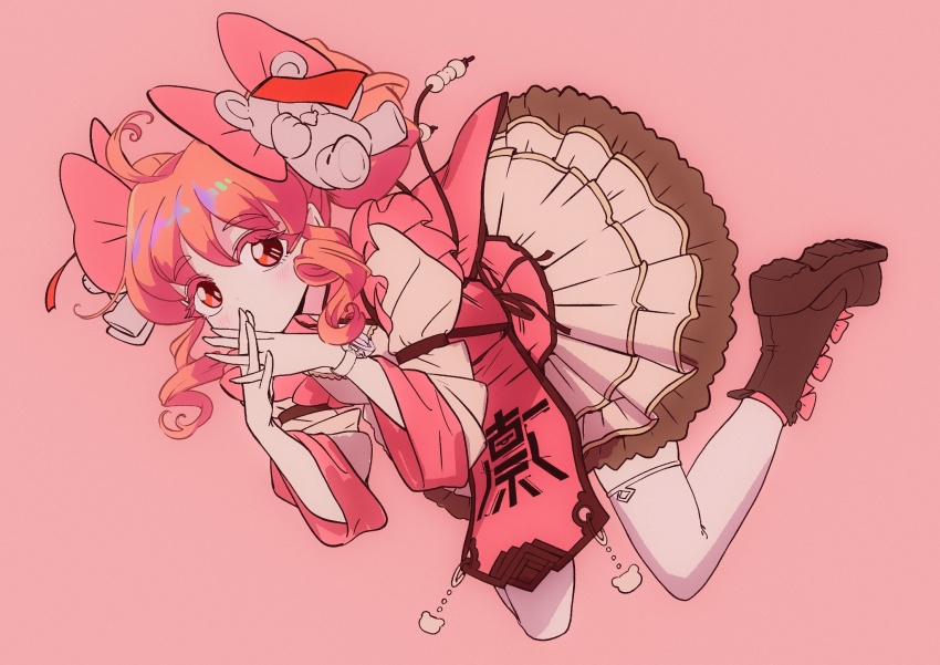 ahoge, blush, bow, brown_footwear, colored_eyelashes, covered_mouth, curly_sidelocks, dot_nose