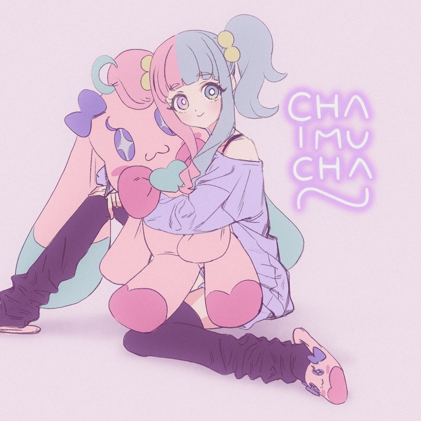 1girl, black_thighhighs, blue_hair, blush, bright_pupils, character_name, dot_nose, heterochromia, highres, himitsu_no_aipri, himitsupuri, holding, holding_stuffed_toy, knee_up, long_hair, looking_at_viewer, multicolored_hair, off-shoulder_shirt, off_shoulder, pink_background, pink_eyes, pink_hair, pink_slippers, pretty_series, priusa, purple_eyes, purple_shirt, shirt, simple_background, sitting, slippers, smile, solo, straight_hair, stuffed_animal, stuffed_toy, tamura_chaimu, thighhighs, twintails, two-tone_hair, white_pupils