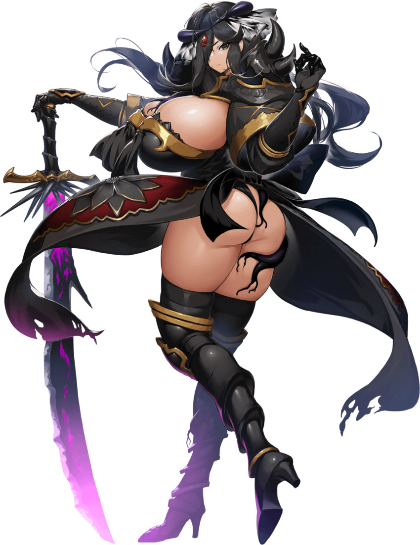 1girl, armor, ass, black_gloves, black_hair, black_knight_(kyonyuu_fantasy_burst), breasts, curvy, dark-skinned_female, dark_skin, flame_print, gloves, greaves, grey_eyes, hair_over_eyes, high_heels, highres, holding, holding_sword, holding_weapon, huge_ass, huge_breasts, kyonyuu_fantasy_burst, long_hair, looking_at_viewer, mature_female, official_art, pauldrons, shoulder_armor, skindentation, spiked_pauldrons, sword, weapon