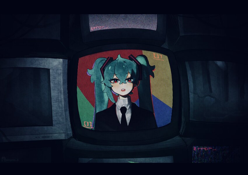 1girl, aqua_eyes, aqua_hair, black_jacket, black_necktie, commentary, cosplay, crt
