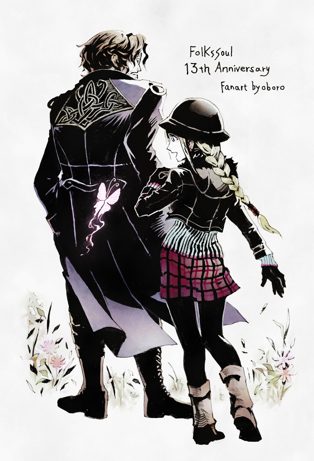 1boy, 1girl, black_jacket, blonde_hair, blue_sweater, boots, braid, braided_ponytail