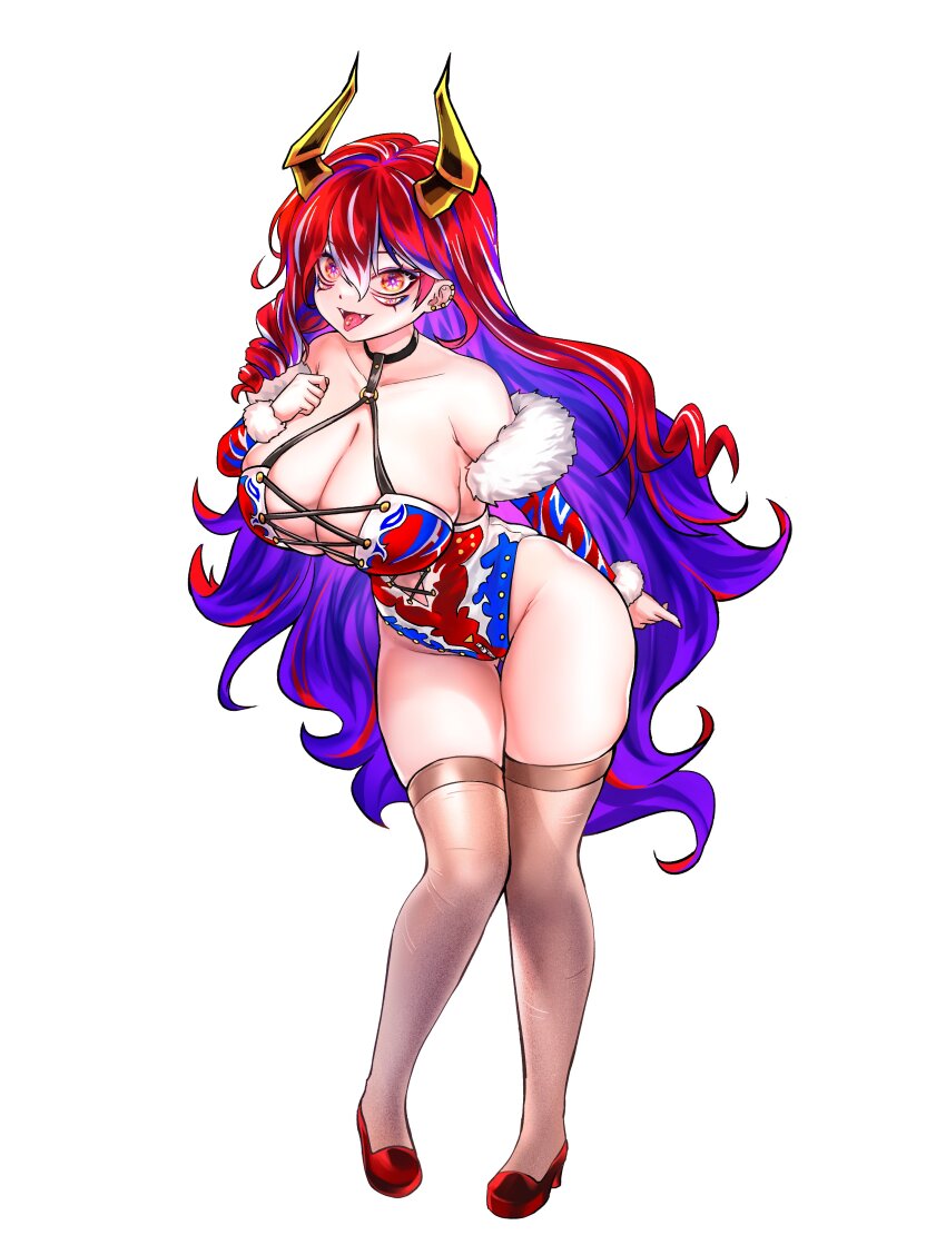 1girl, absurdres, blue_leotard, blue_sleeves, breasts, brown_thighhighs, cleavage, crotch_zipper, detached_sleeves, earrings, extra_eyes, fangs, full_body, fur-trimmed_sleeves, fur_trim, gluteal_fold, high_heels, highres, horns, jewelry, tobaku_mokushiroku_kaiji, large_breasts, leaning_forward, leotard, long_hair, looking_at_viewer, multicolored_hair, multicolored_leotard, multicolored_sleeves, open_mouth, personification, piercing, purple_hair, red_eyes, red_footwear, red_leotard, red_sleeves, simple_background, smile, solo, standing, the_bog_(kaiji), thighhighs, tongue, tongue_out, tongue_piercing, two-tone_hair, very_long_hair, white_background, white_hair, white_sleeves, yellow_horns, yologyeolseogchung-gyeogpaswaeseogsul