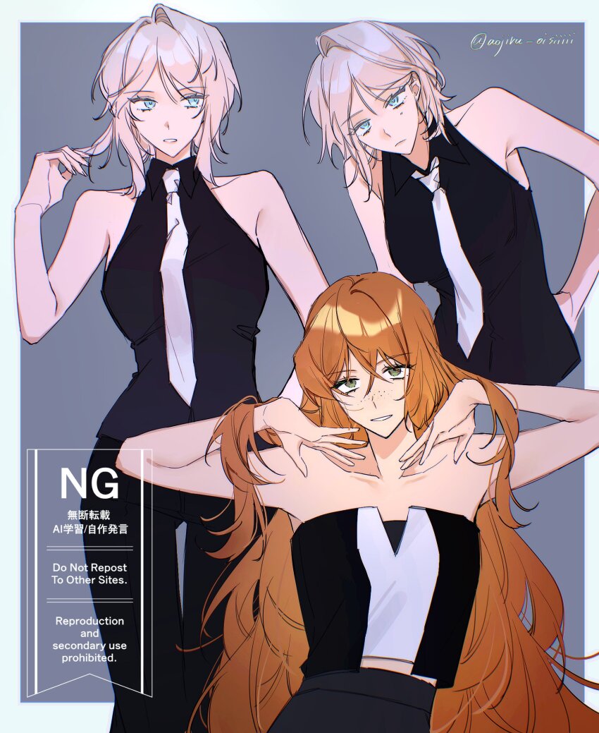 2girls, aojiru_oisiiiii, black_pants, black_shirt, collared_shirt, faust_(project_moon), freckles, green_eyes