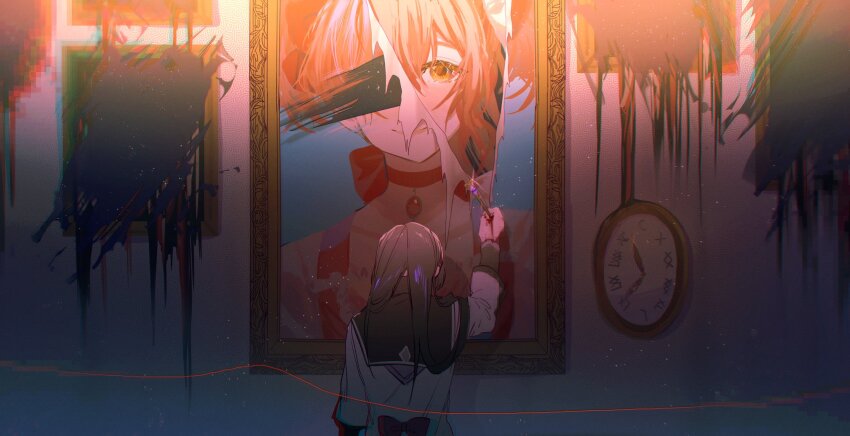 2girls, akemi_homura, akemi_homura_(magical_girl), black_hair, choker, clock, commentary, dress