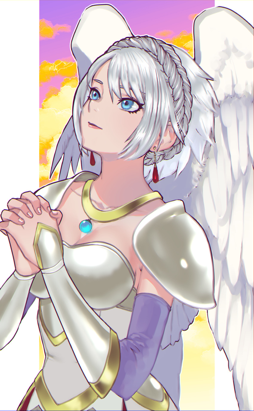 1girl, absurdres, angel_wings, armor, blue_eyes, braid, breastplate, breasts