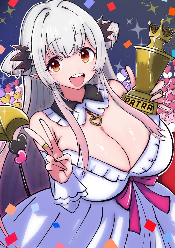 029skysky, 1girl, black_collar, black_horns, blush, bow, breasts, cleavage