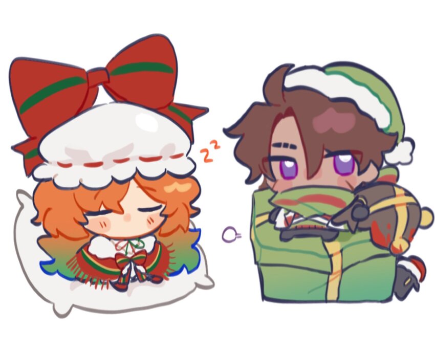 1boy, 1girl, bag, black_bag, bow, brown_hair, chibi, christmas_nightmare_(e.g.o)