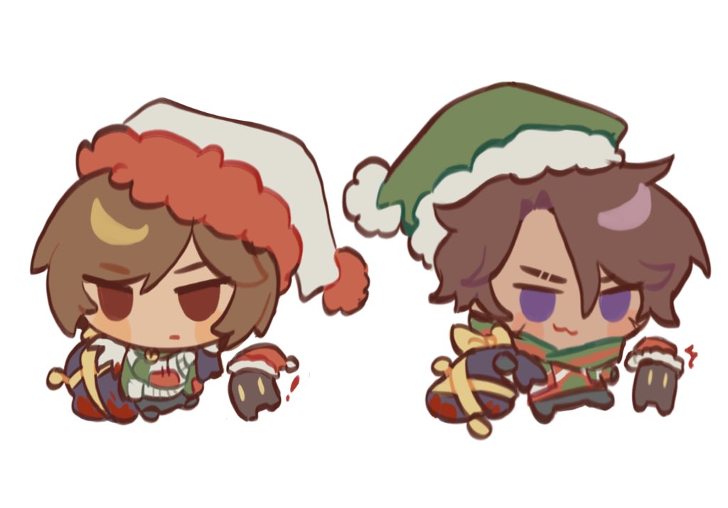 1boy, 1girl, :3, brown_hair, chibi, closed_mouth, dark-skinned_female, dark-skinned_male