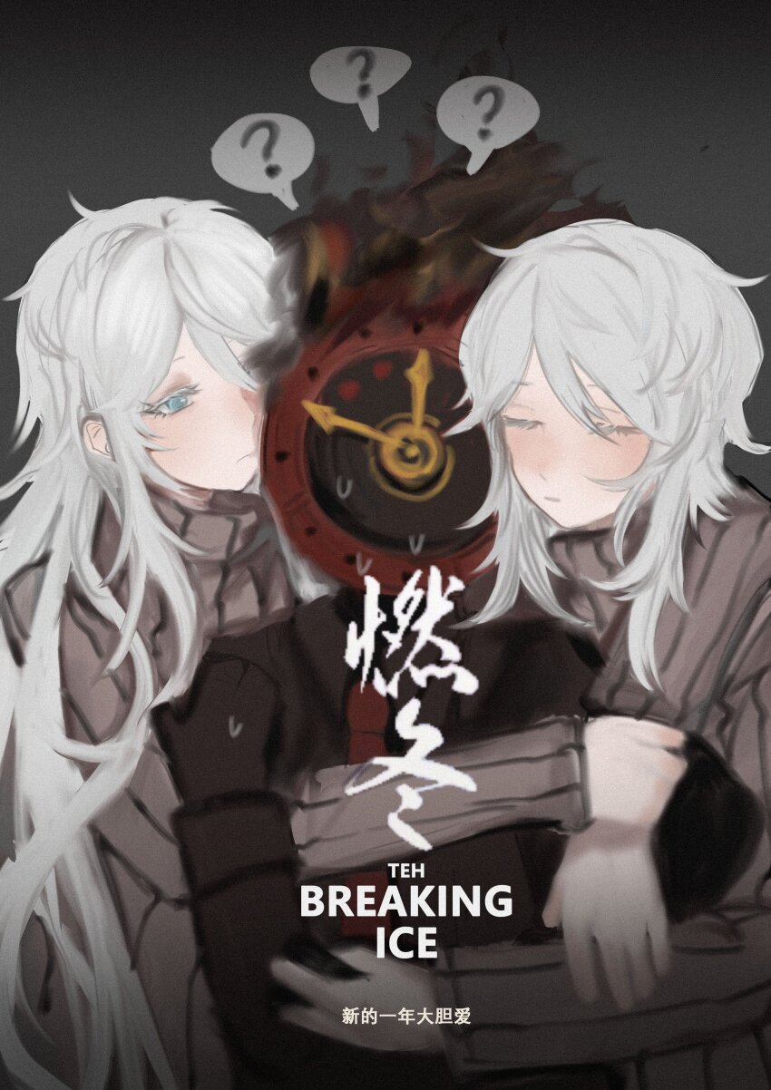 1other, 2girls, absurdres, alternate_hair_length, alternate_hairstyle, black_gloves, black_shirt, clock