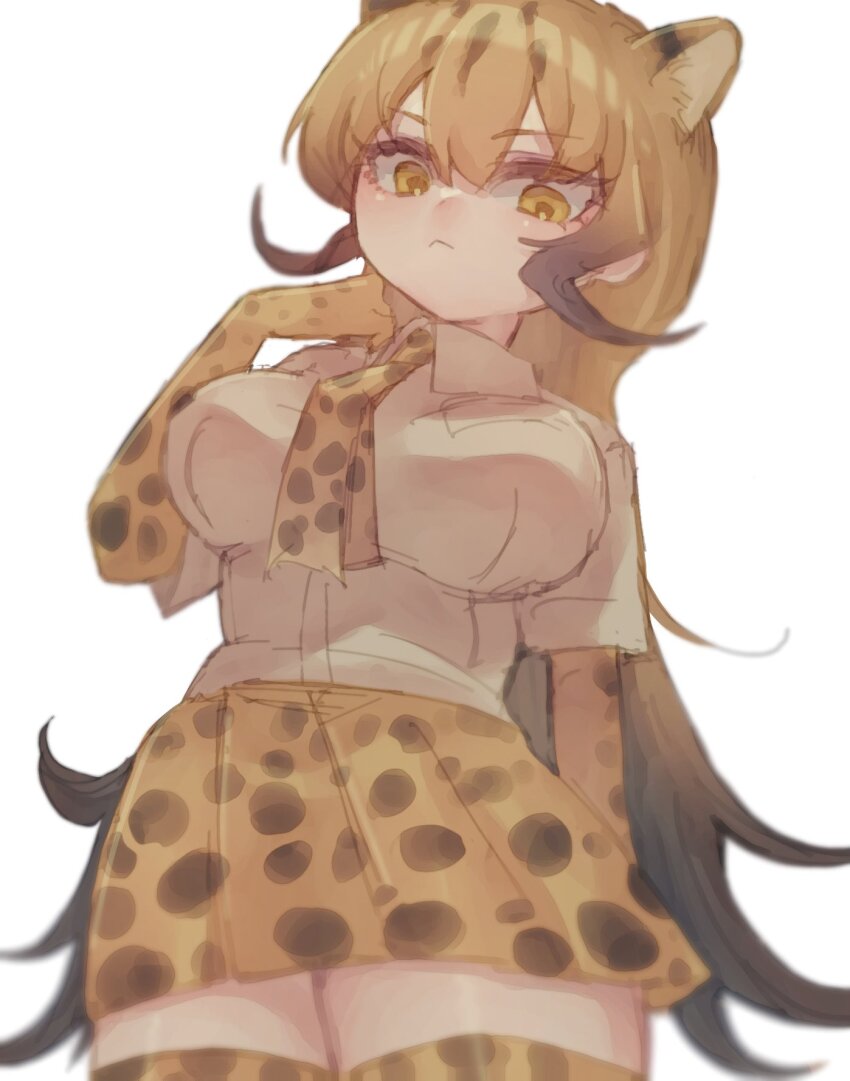 1girl, :<, animal_print, blonde_hair, brown_hair, cheetah_(kemono_friends), cheetah_girl, collared_shirt