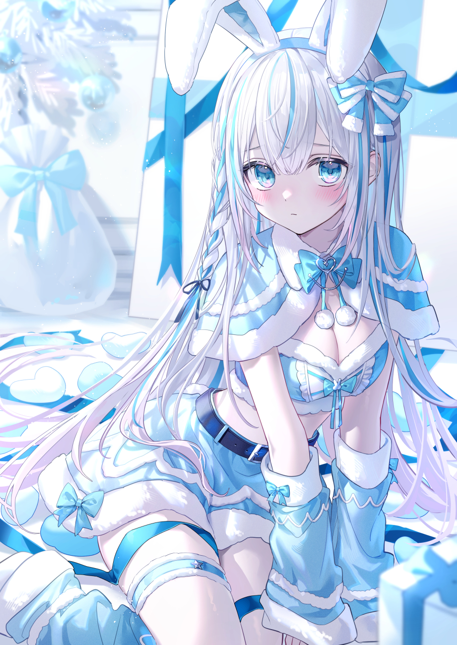 1girl, animal_ears, belt, black_belt, black_ribbon, blue_bow, blue_bowtie, blue_capelet