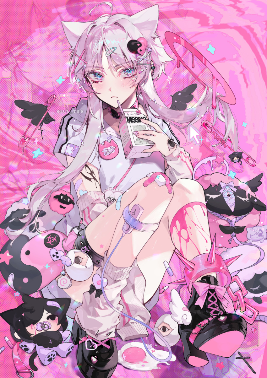 1boy, abstract_background, absurdres, aegyo_sal, ahoge, androgynous, angel_wings, animal_ears