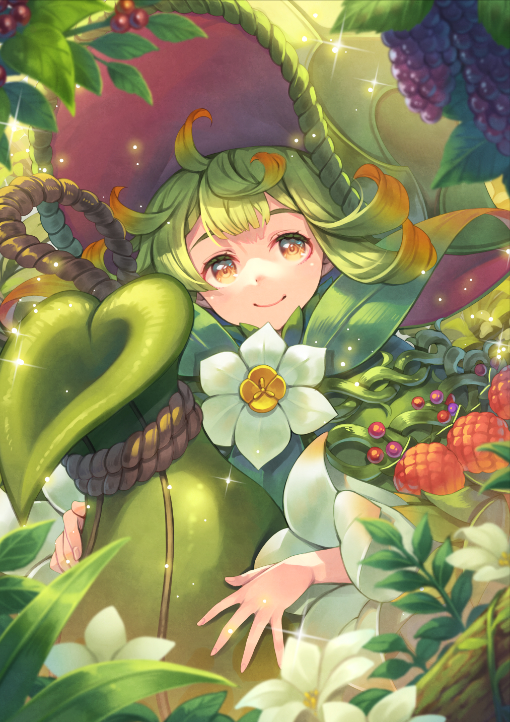 1boy, androgynous, flower, food, fruit, gourd, gradient_hair, grapes, green_hair, green_hat, hagure_keg, hat, highres, holding, holding_gourd, holly, julei_(visions_of_mana), looking_at_viewer, male_focus, multicolored_eyes, multicolored_hair, orange_eyes, orange_hair, rope, seiken_densetsu, smile, solo, sproutling, too_many_flowers, visions_of_mana, wide_brim