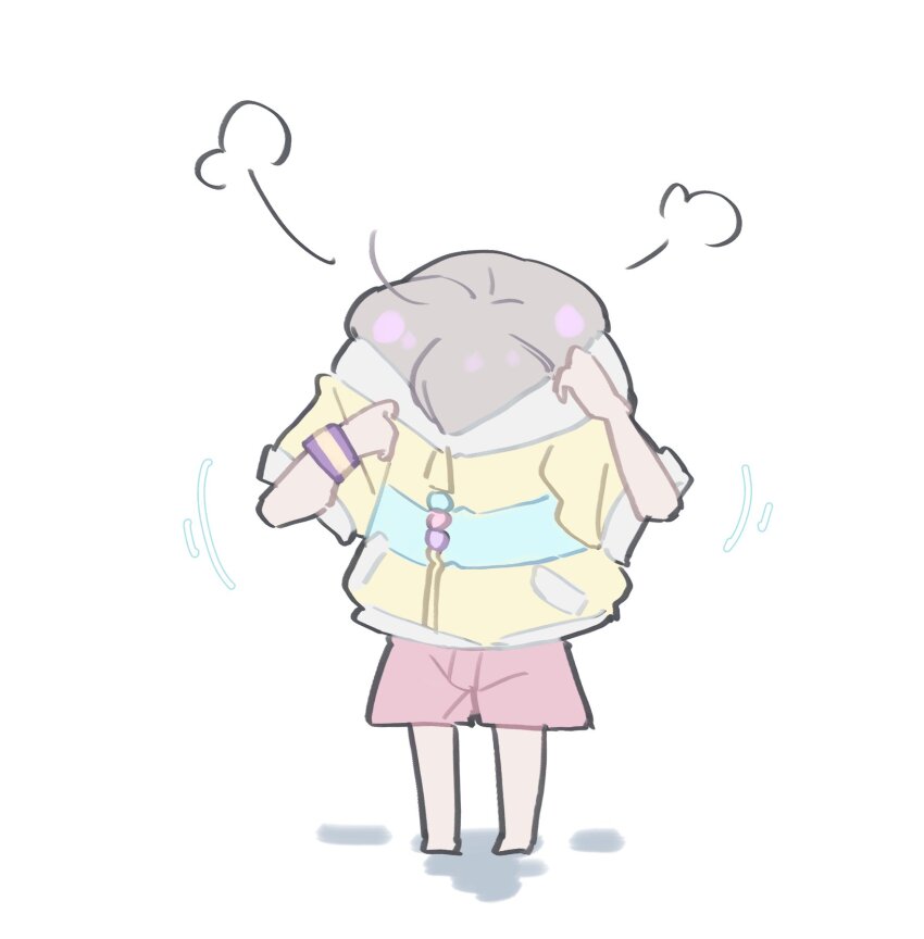 1girl, blue_jacket, chibi, chibi_only, dressing, full_body, grey_hair, highres