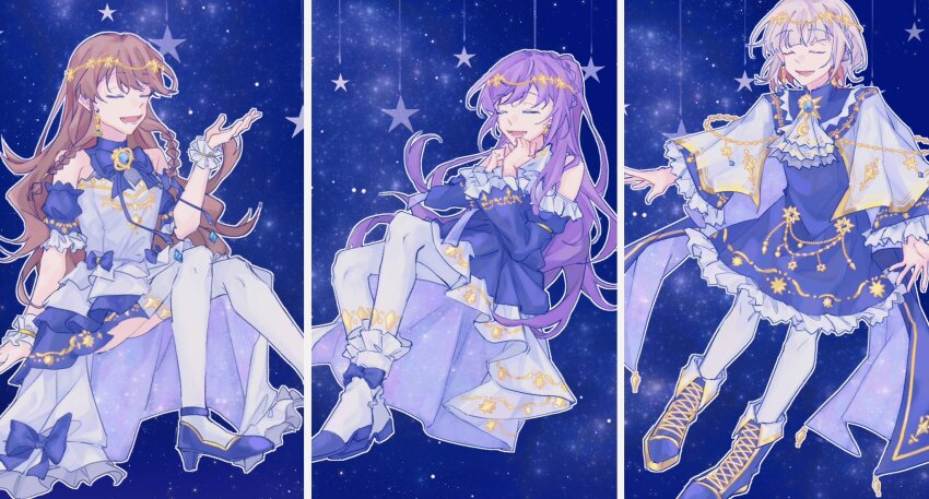 3girls, :d, blue_bow, blue_bowtie, blue_dress, blue_footwear, blue_sleeves, bow