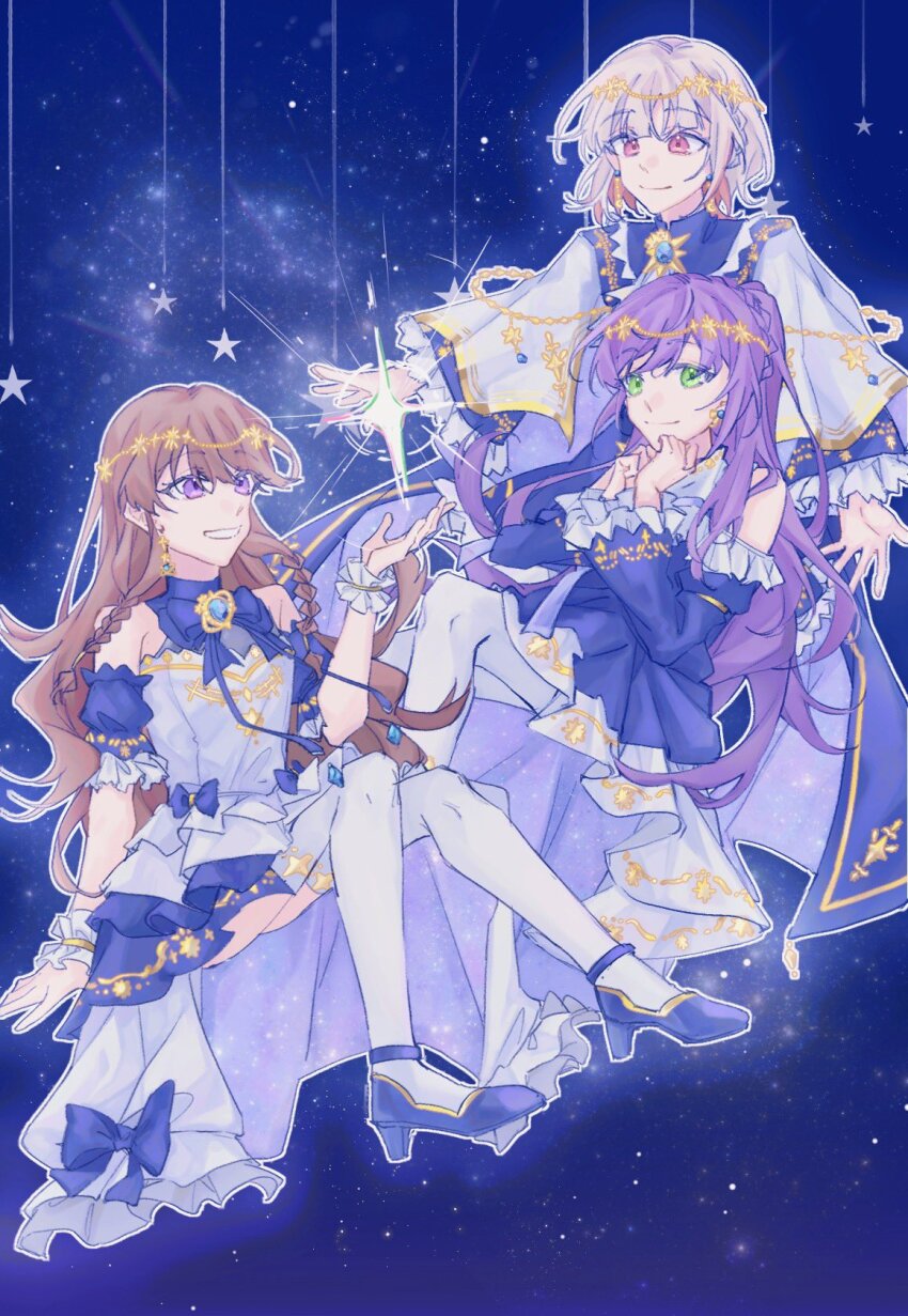 3girls, :d, blue_bow, blue_bowtie, blue_dress, blue_footwear, blue_sleeves, bow