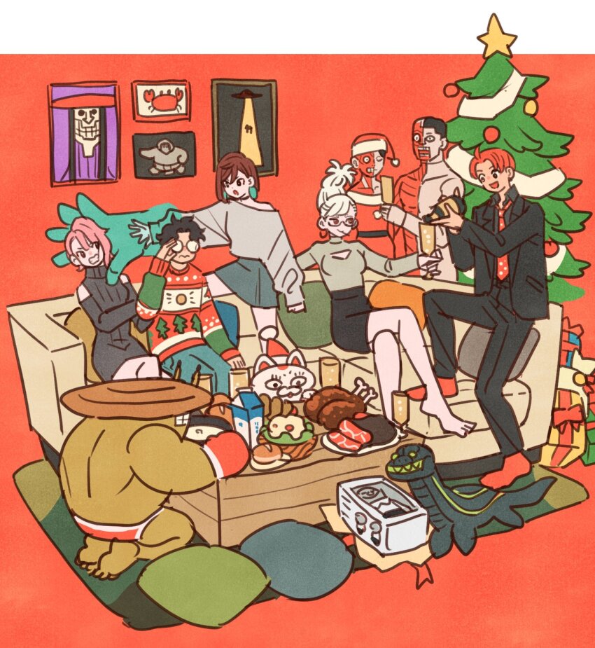 2boys, 3girls, acrobatic_silky_(dandadan), animal, ayase_momo, ayase_seiko, black_dress, black_hair