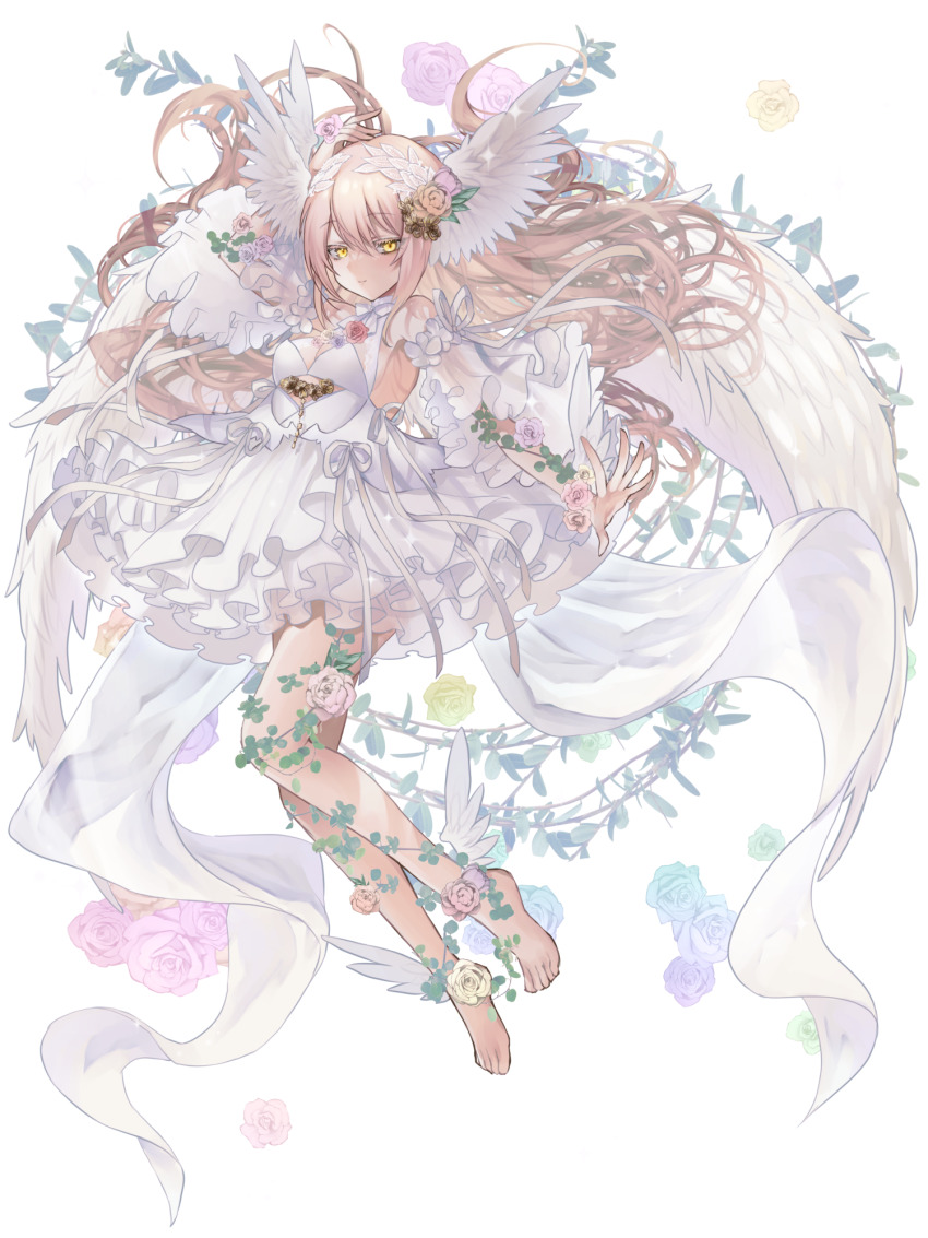 1girl, arm_up, barefoot, breasts, dairoku_ryouhei, dress, flower, head_wings