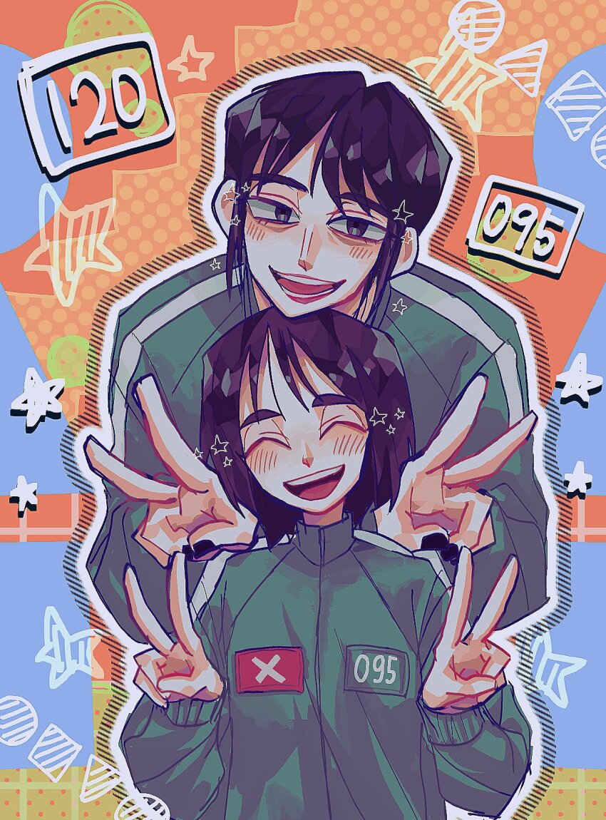 2girls, black_hair, blue_background, cho_hyun-ju, circle, commentary, double_v, green_jacket