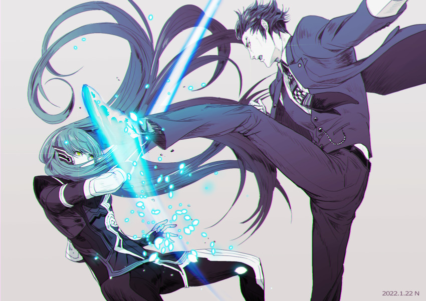 2boys, aogami_(megami_tensei), attack, black_gloves, black_hair, black_jacket, black_necktie, black_pants