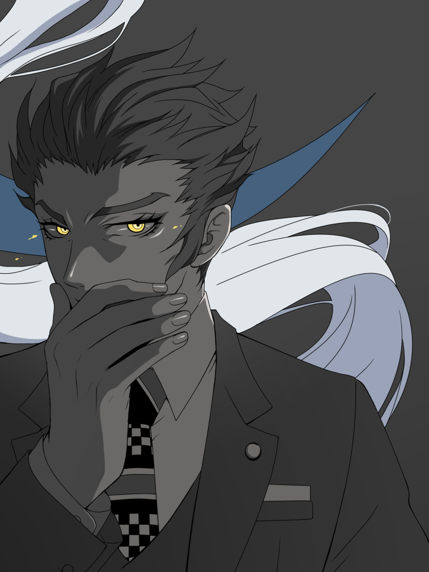 1boy, artist_request, black_hair, black_jacket, black_necktie, black_vest, dress_shirt, facing_viewer