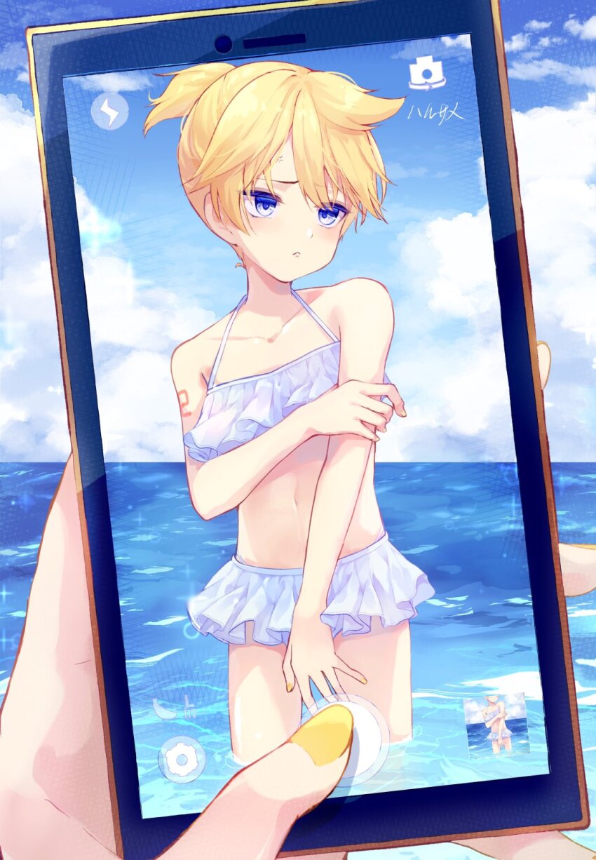 1boy, 1girl, arm_tattoo, beach, bikini, blonde_hair, blue_eyes, blue_sky, cellphone_photo, closed_mouth, commentary, crossdressing, frilled_bikini, frills, harusamesyota, highres, kagamine_len, kagamine_rin, male_focus, navel, ocean, pov, pov_hands, ruffle_bikini, short_hair, sky, solo_focus, stomach, swimsuit, untranslatable_commentary, tattoo, trap, vocaloid, white_bikini, yellow_nails