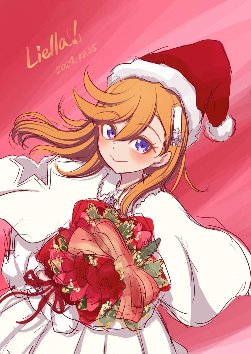 1girl, absurdres, blush, capelet, christmas, closed_mouth, commentary_request, dated
