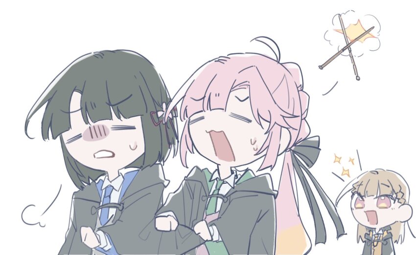 3girls, :d, =_=, alternate_universe, anyoji_hime, black_cloak, black_hair, black_ribbon