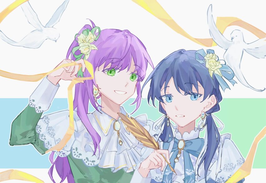 2girls, bird, blue_background, blue_dress, blue_eyes, blue_hair, commentary, dark_blue_hair