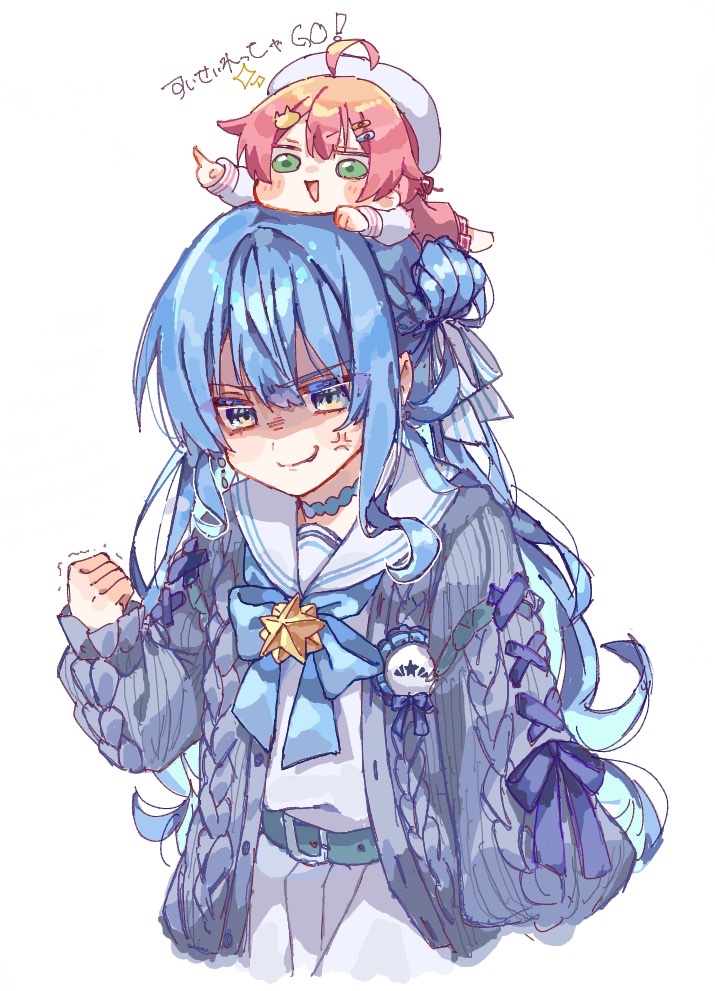 2girls, ahoge, anger_vein, angry, blue_eyes, blue_hair, cardigan, chibi