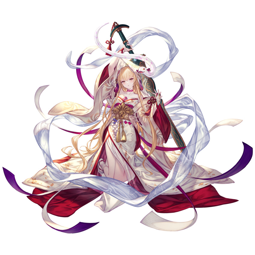 1girl, bare_shoulders, blonde_hair, breasts, bridal_gauntlets, detached_sleeves, dress, granblue_fantasy