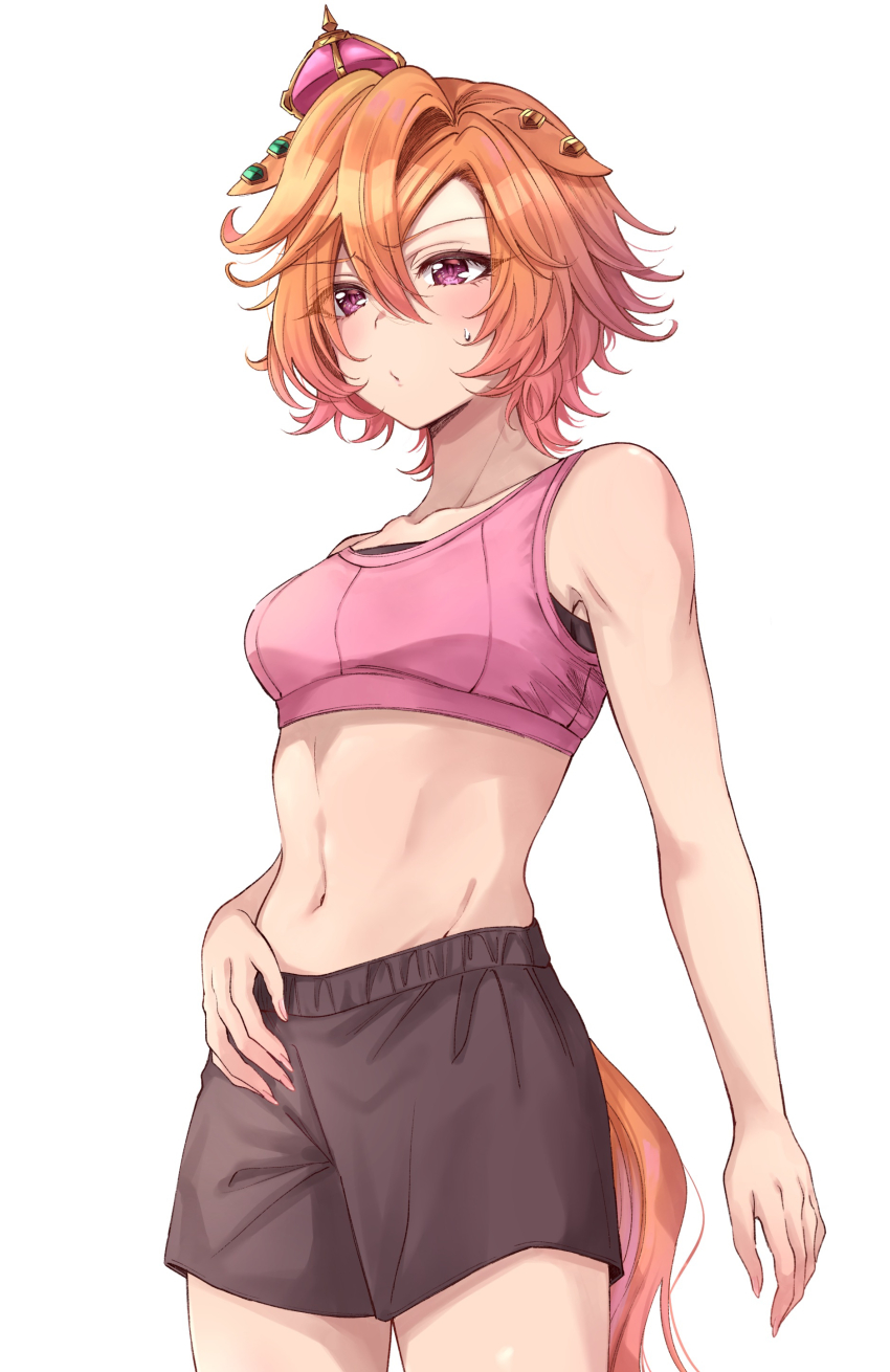 1girl, abs, absurdres, akari_0313, animal_ears, armpits, black_shorts, breasts, commentary_request, cowboy_shot, crown, ear_ornament, grin, hair_between_eyes, highres, horse_ears, horse_girl, horse_tail, mini_crown, muscular, muscular_female, pink_sports_bra, purple_eyes, short_hair, shorts, simple_background, small_breasts, smile, solo, sports_bra, sweat, t.m._opera_o_(umamusume), tail, umamusume, v-shaped_eyebrows, white_background, wristband
