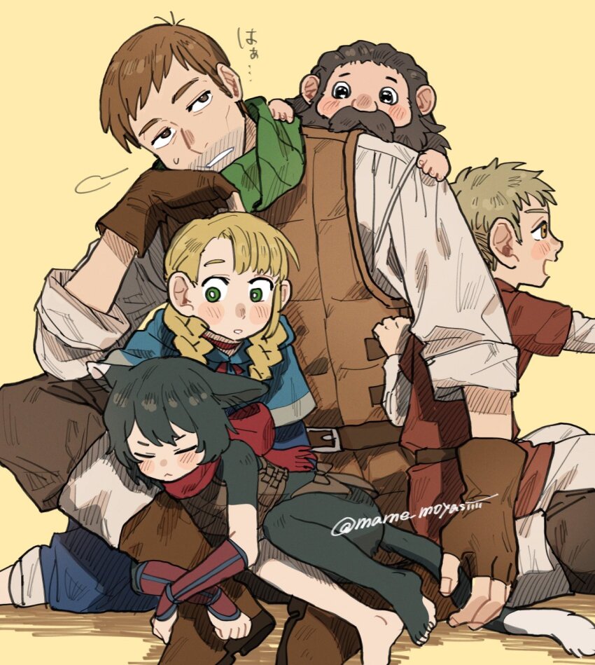 2girls, 3boys, :<, animal_feet, armor, beard, beard_stubble, black_footwear