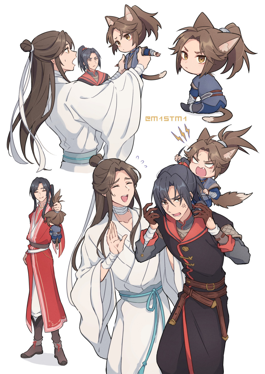 4boys, anger_vein, animal_ears, bandaged_neck, bandaged_wrist, bandages, belt, black_hair, black_hanfu, blank_eyes, blue_hanfu, boots, brown_eyes, brown_footwear, brown_gloves, brown_hair, cat_ears, cat_tail, chibi, chinese_clothes, closed_eyes, closed_mouth, fang, flying_sweatdrops, fu_yao, full_body, furrowed_brow, gloves, grabbing_another's_hair, hair_bun, hair_ribbon, hanfu, high_ponytail, highres, holding_another's_hair, holding_chibi, hua_cheng, kemonomimi_mode, long_sleeves, looking_at_another, looking_at_viewer, m1stm1, multiple_boys, multiple_views, nan_feng, open_mouth, pants, ponytail, red_hanfu, red_ribbon, ribbon, san_lang, sash, scratches, shout_lines, side_ponytail, sitting, smile, standing, sweatdrop, tail, teeth, tianguan_cifu, twitter_username, upper_body, upper_teeth_only, white_background, white_hanfu, white_pants, white_ribbon, wide_sleeves, xie_lian, yellow_eyes
