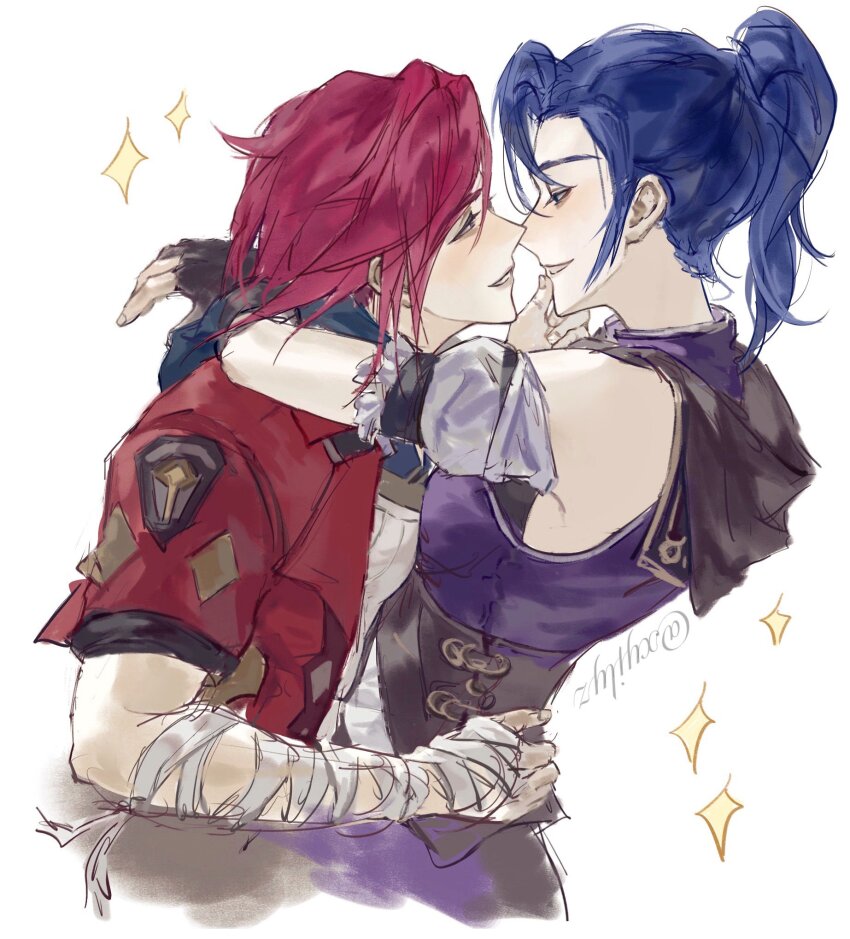 2girls, arcane:_league_of_legends, arcane_caitlyn, arcane_vi, black_gloves, blue_hair, caitlyn_(league_of_legends), commentary_request, eye_contact, fingerless_gloves, gloves, hand_on_another's_chin, highres, jacket, league_of_legends, long_hair, looking_at_another, multiple_girls, parted_lips, ponytail, purple_shirt, red_hair, red_jacket, shirt, short_hair, short_sleeves, simple_background, sleeveless, sleeveless_shirt, smile, sparkle, vi_(league_of_legends), white_background, wrist_wrap, xiyiji_li_you_zhi, yuri