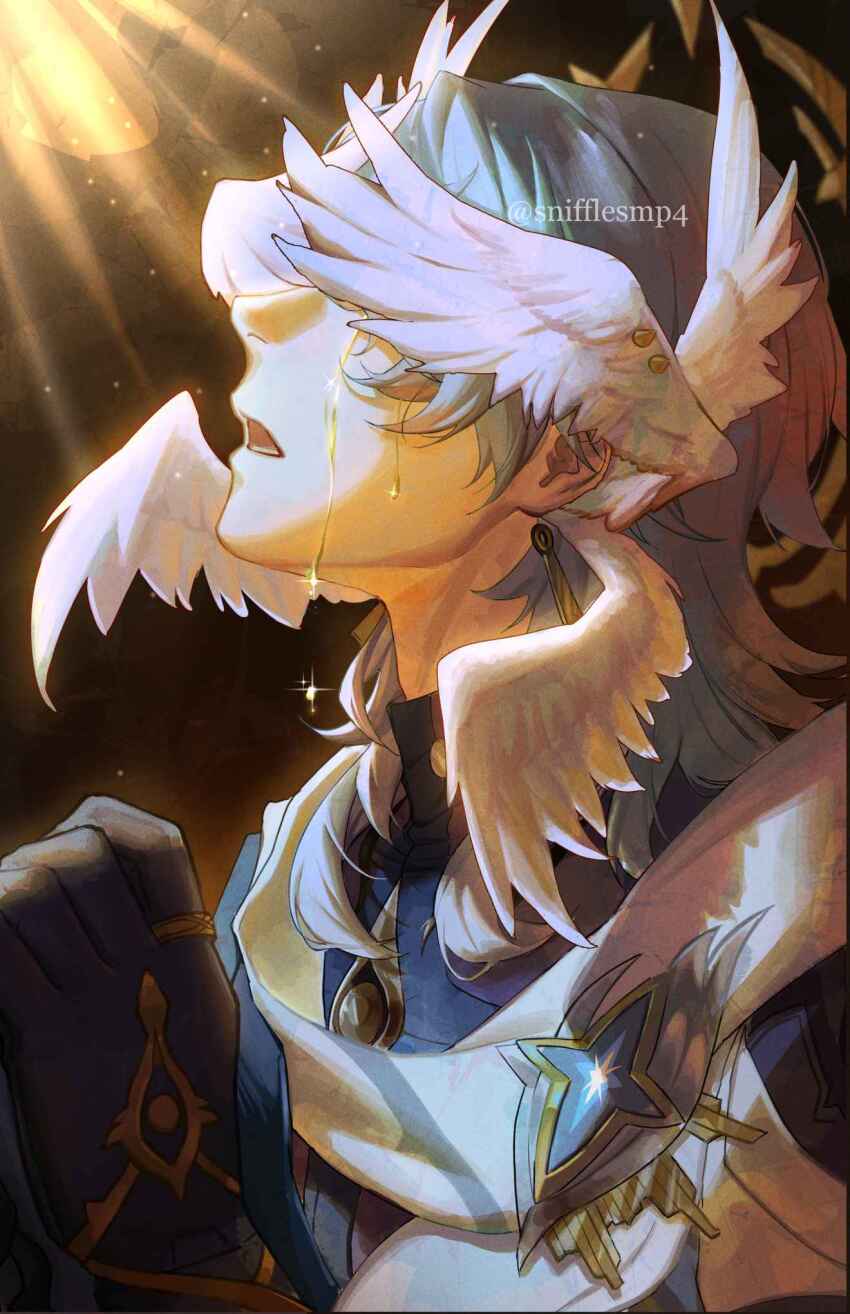 1boy, angel, angel_wings, crying, feathered_wings, gold_tears, halo, head_wings