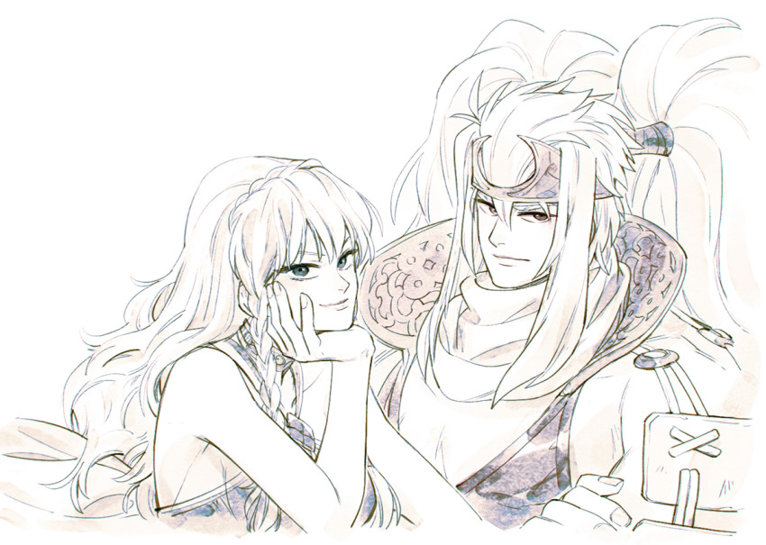 1boy, 1girl, :|, bare_shoulders, braid, closed_mouth, crown_braid, hair_between_eyes