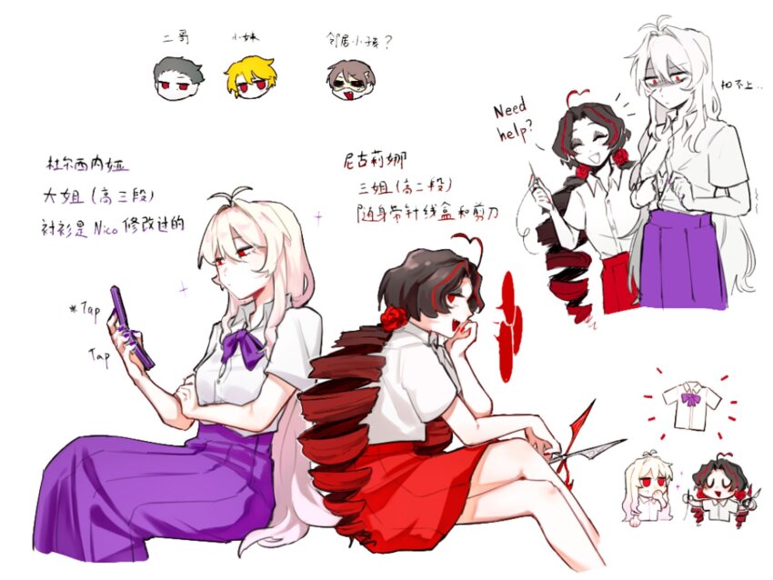 2boys, 3girls, ahoge, antenna_hair, blonde_hair, bow, breasts, brown_hair