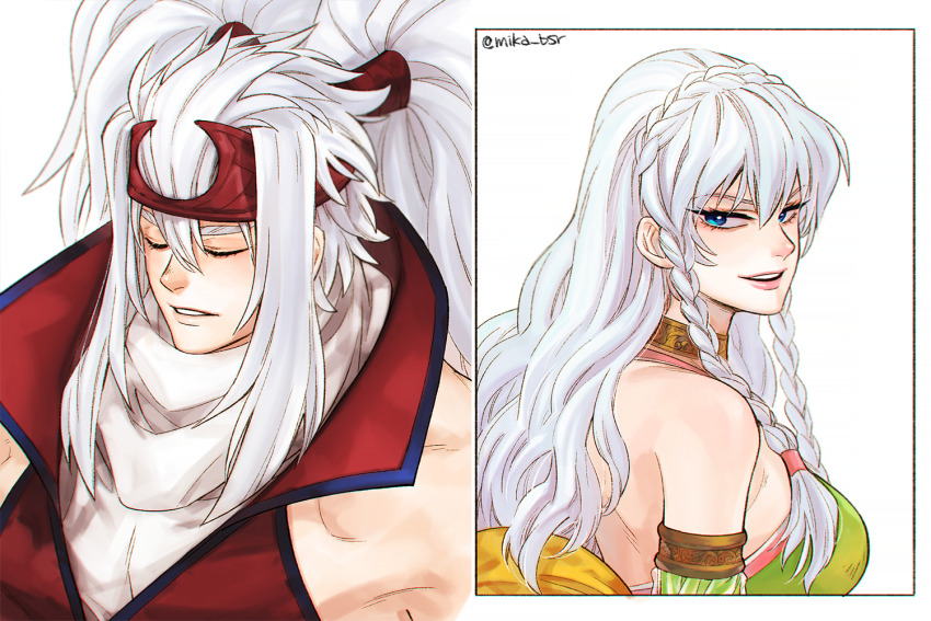 1boy, 1girl, :d, bare_shoulders, blue_eyes, braid, closed_eyes, crown_braid