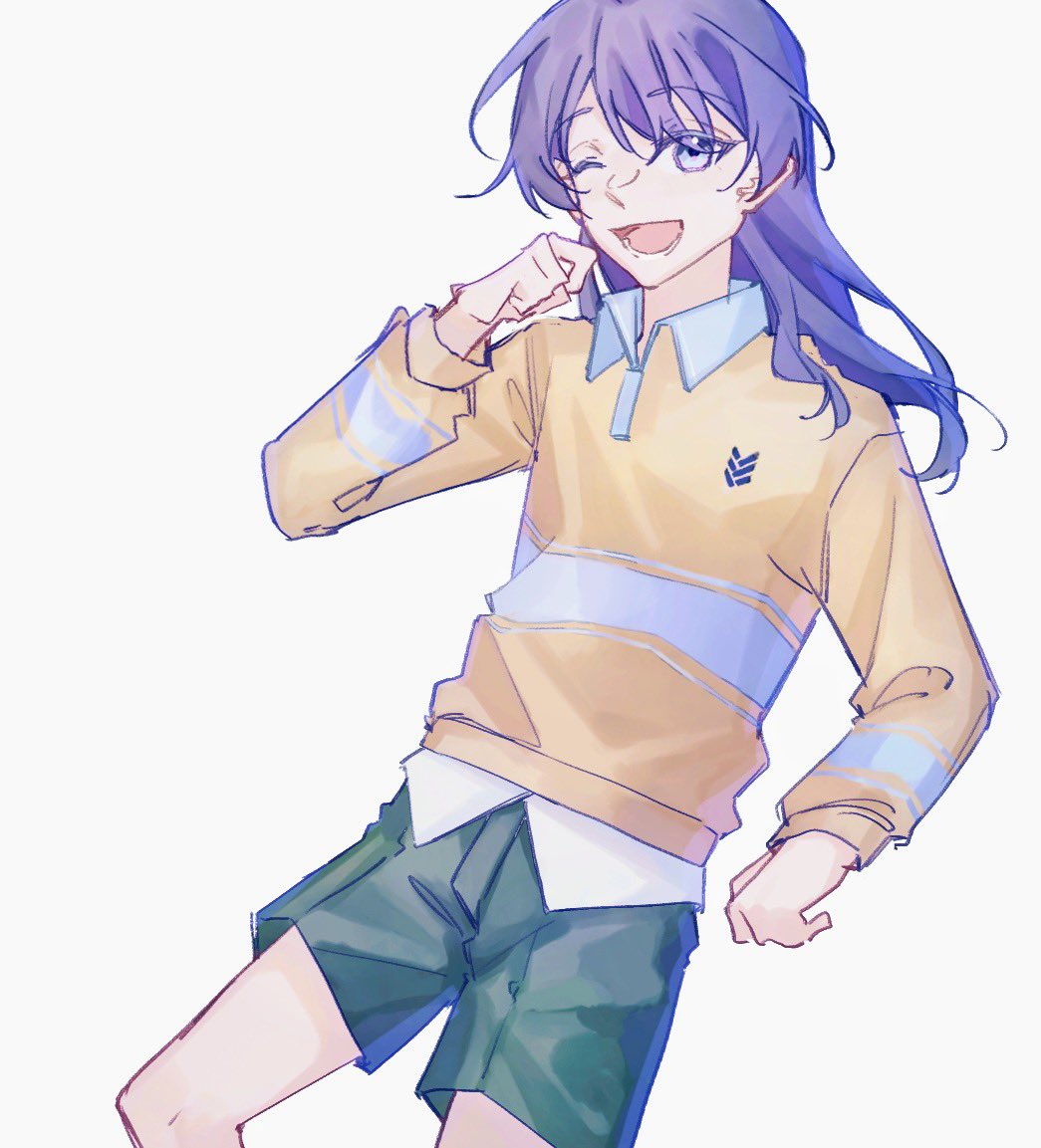 1girl, ;d, blue_eyes, blue_hair, commentary, dark_blue_hair, feet_out_of_frame, green_shorts