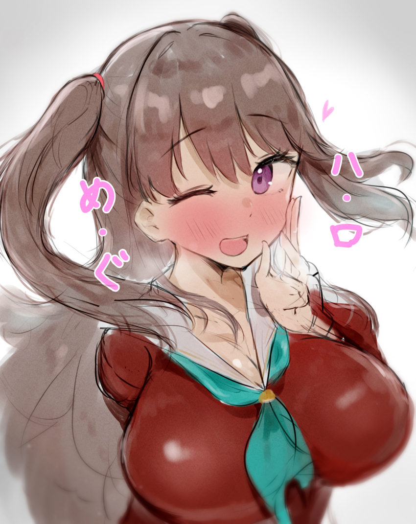 1girl, absurdres, aqua_neckerchief, arm_behind_back, blush, breasts, brown_dress, brown_hair, cleavage, commentary_request, dress, fujishima_megumi, hasu_no_sora_school_uniform, hellomegu!, highres, large_breasts, link!_like!_love_live!, long_hair, long_sleeves, love_live!, neckerchief, nose_blush, purple_eyes, sailor_collar, sailor_dress, school_uniform, sketch, solo, syoma_(1026syoma), two_side_up, upper_body, virtual_youtuber, white_background, white_sailor_collar, winter_uniform