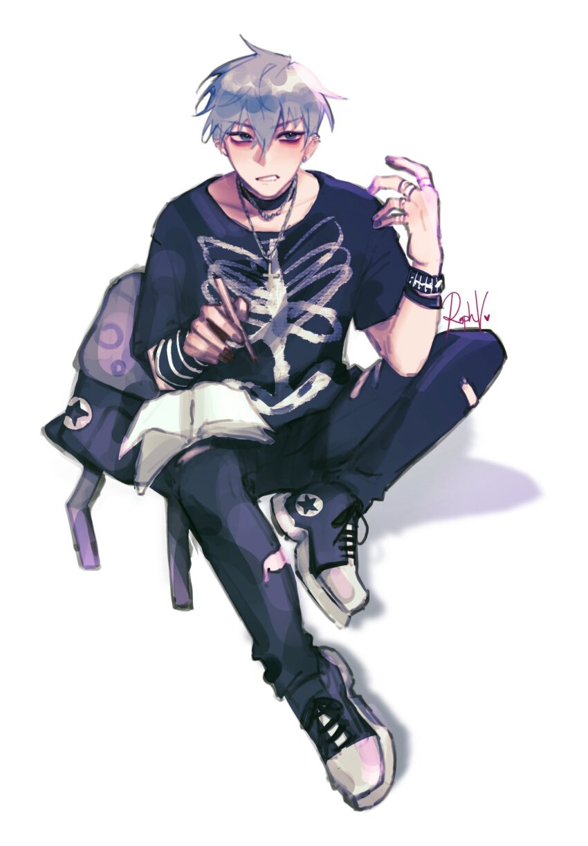 1boy, air_guitar, alien_stage, backpack, bag, black_choker, black_footwear, black_pants