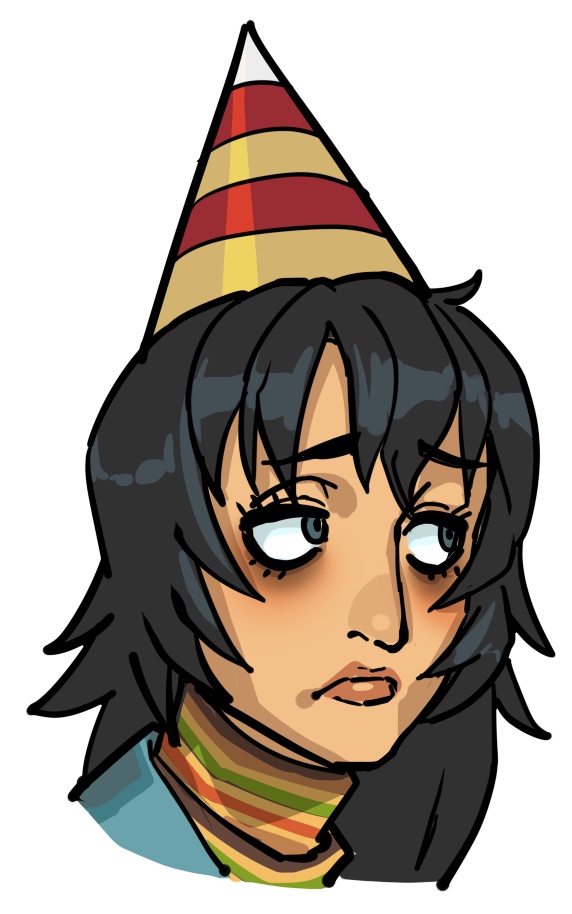 1girl, anya_(mouthwashing), black_eyes, black_hair, blue_jacket, boiler_suit, fanbox_reward, fanbox_username, frown, hat, iggler, jacket, lips, long_hair, mouthwashing, paid_reward, party_hat, portrait, sad, striped_clothes, turtleneck, worried